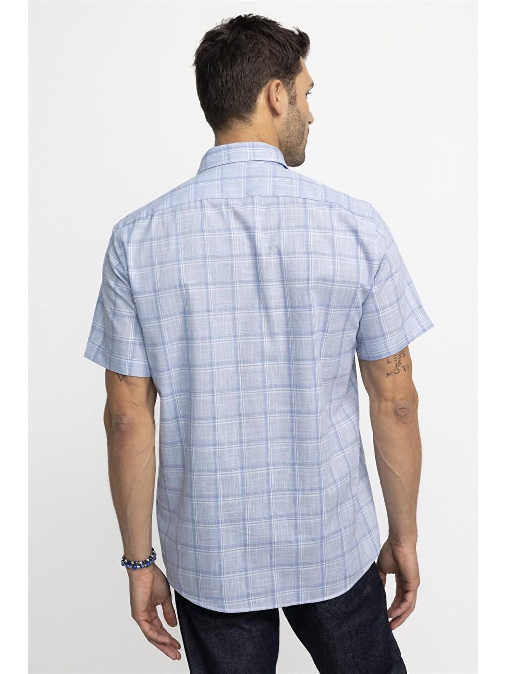Mavi Tudors Klasik Fit Kısa Kol Kareli Keten Erkek Gömlek-3