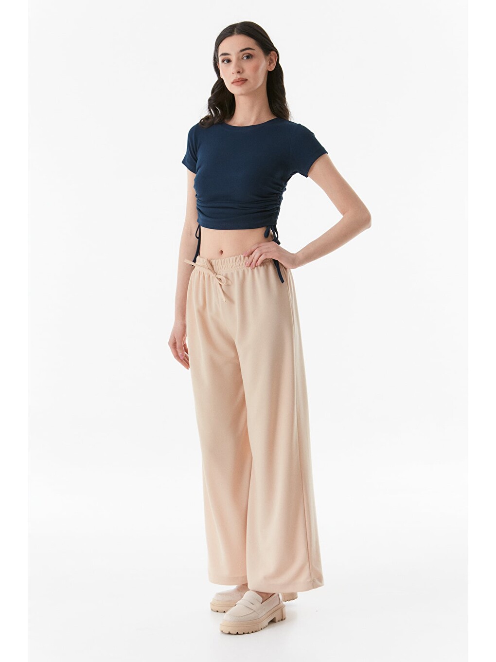 Bej Beli Lastikli Wide Leg Pantolon