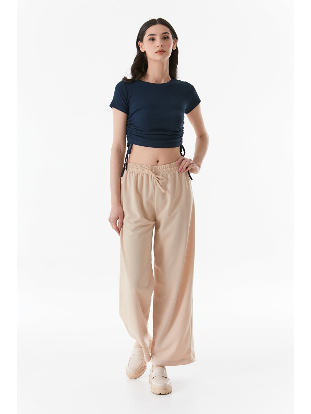 Bej Beli Lastikli Wide Leg Pantolon-1
