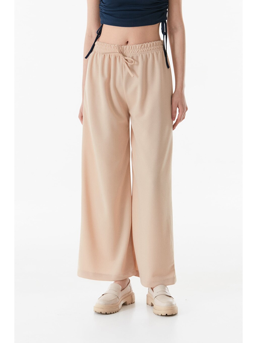 Bej Beli Lastikli Wide Leg Pantolon-2