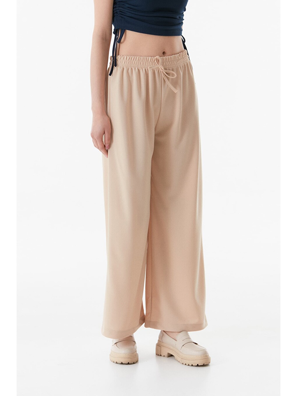 Bej Beli Lastikli Wide Leg Pantolon-3