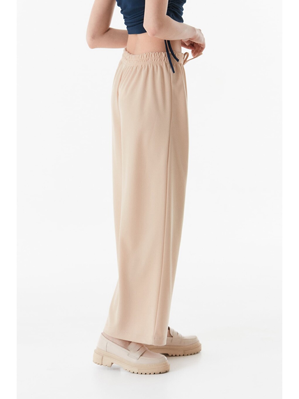 Bej Beli Lastikli Wide Leg Pantolon-4