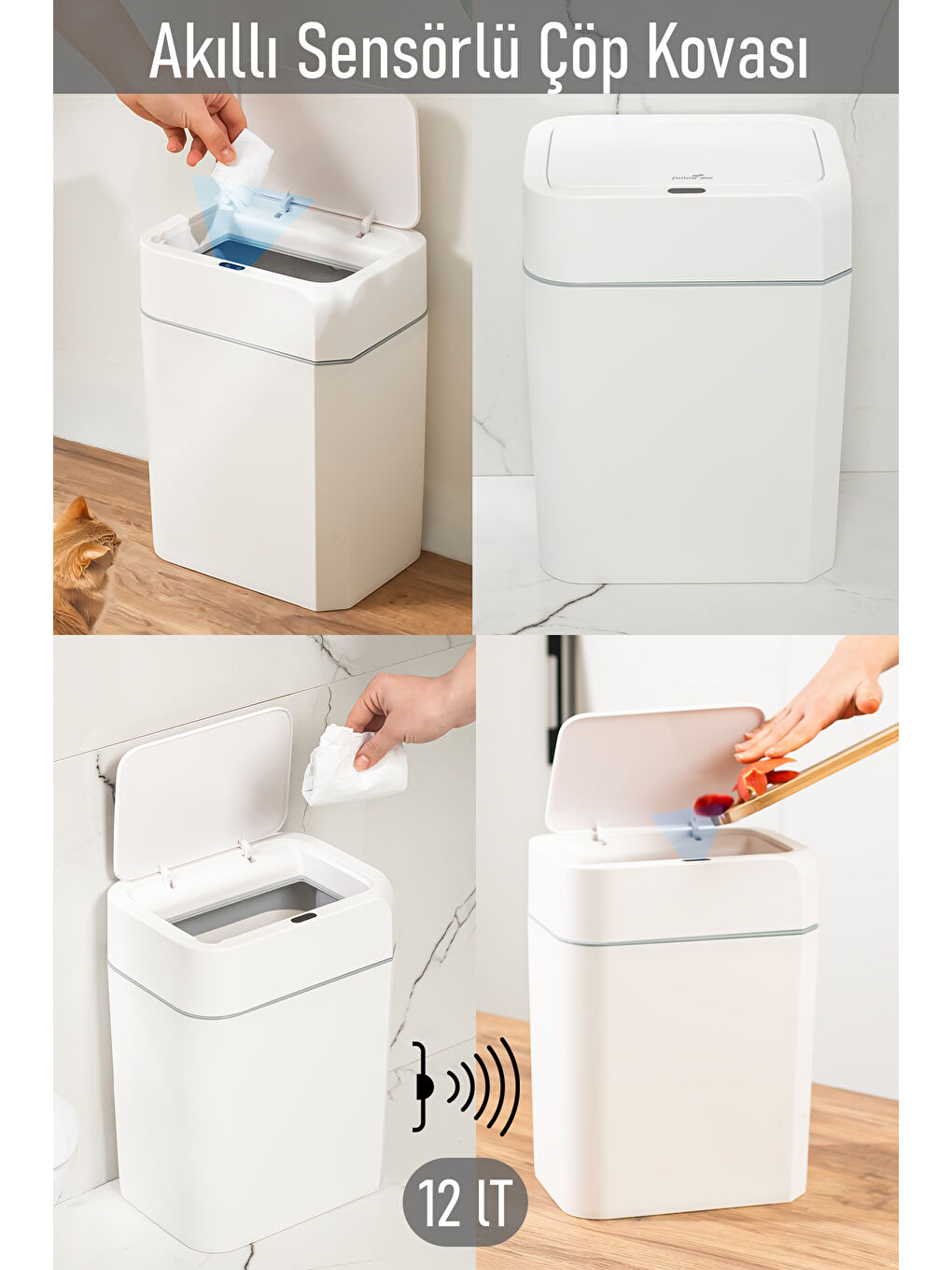 Beyaz 4147 Hareket Sensörlü Sessiz Kapatma Çöp Kutusu