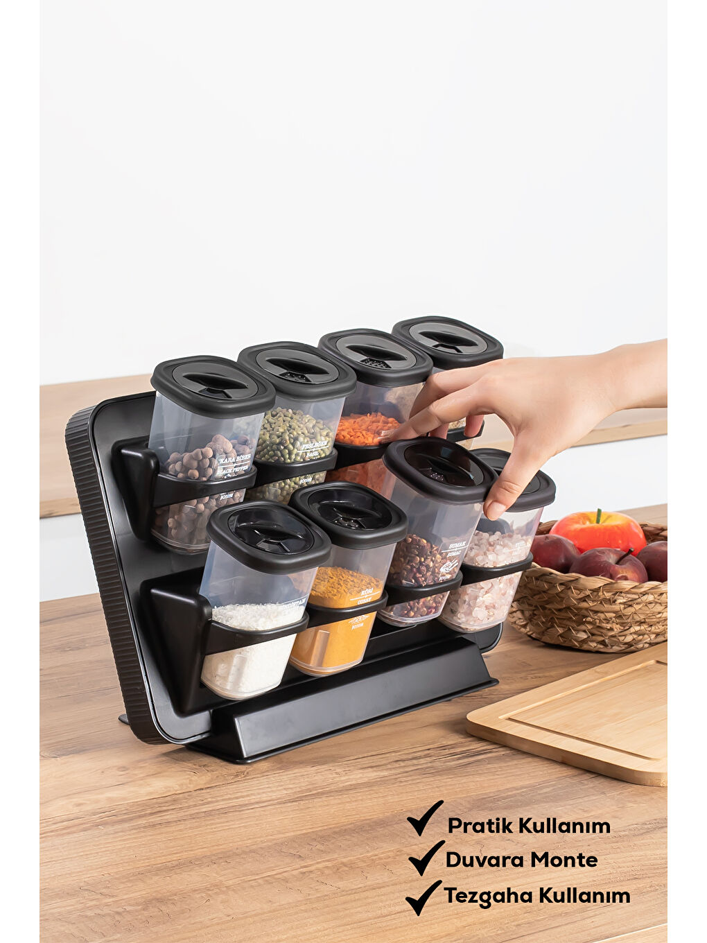 Siyah 1121 8li Etiketli Asmalı Kendinden Yapışkanlı Tezgah Üstü Standlı Döner Kapaklı Baharatlık Seti-1