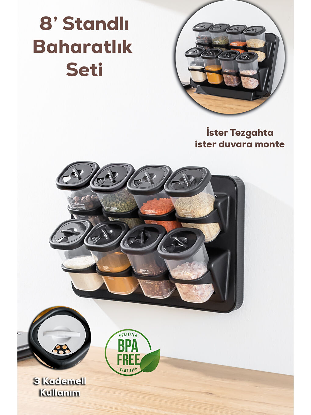 Siyah 1121 8li Etiketli Asmalı Kendinden Yapışkanlı Tezgah Üstü Standlı Döner Kapaklı Baharatlık Seti-2