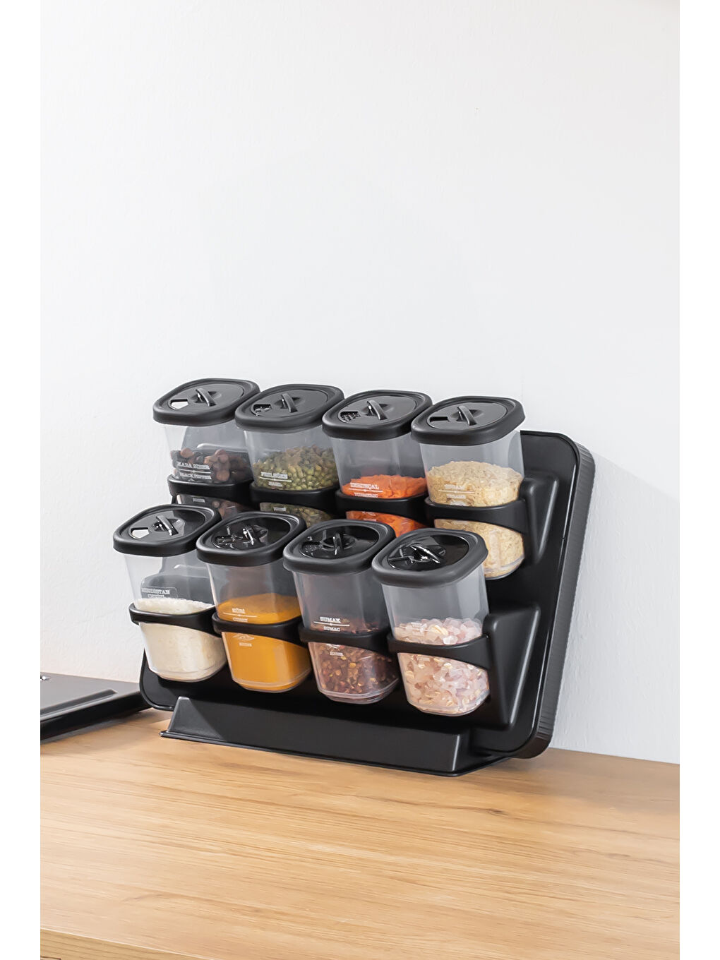 Siyah 1121 8li Etiketli Asmalı Kendinden Yapışkanlı Tezgah Üstü Standlı Döner Kapaklı Baharatlık Seti-3