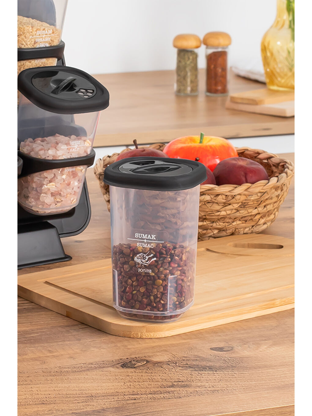 Siyah 1121 8li Etiketli Asmalı Kendinden Yapışkanlı Tezgah Üstü Standlı Döner Kapaklı Baharatlık Seti-4