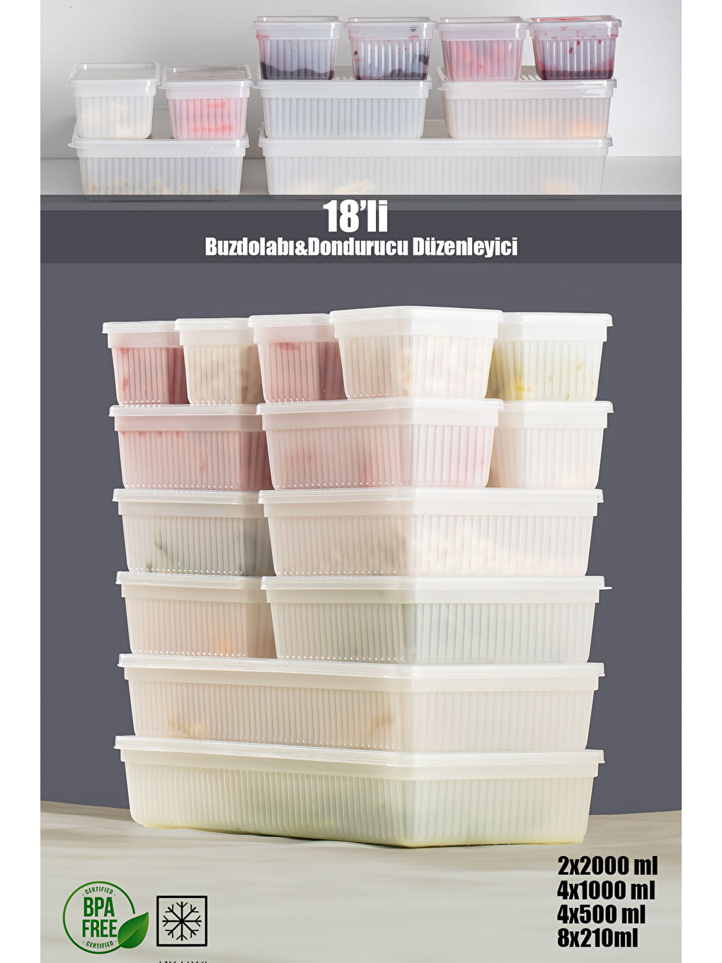 2017 18'li Buzluk Buzdolabı Düzenleyici Derin Dondurucuya Uygun Bakliyat Saklama Kabı Seti -Beyaz