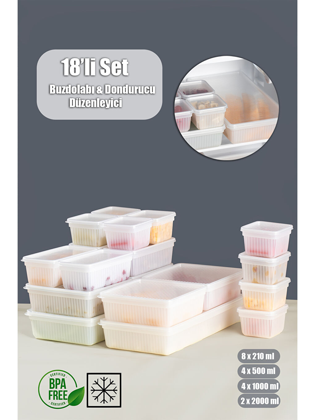 2017 18'li Buzluk Buzdolabı Düzenleyici Derin Dondurucuya Uygun Bakliyat Saklama Kabı Seti -Beyaz-1