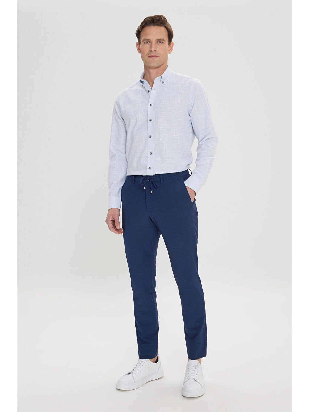 Erkek Lacivert Slim Fit Dar Kesim Beli Bağlamalı Yan Cep Gofre Desenli Pantolon-4