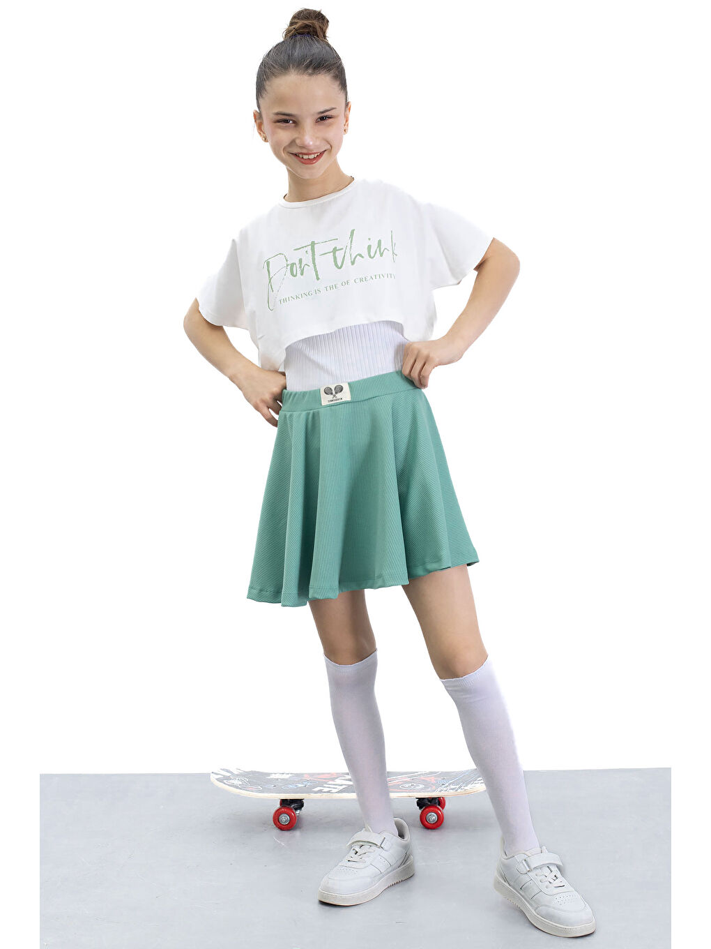 Yeşil Beli Lastikli Fitilli Kız Çocuk Tenis Eteği 21041