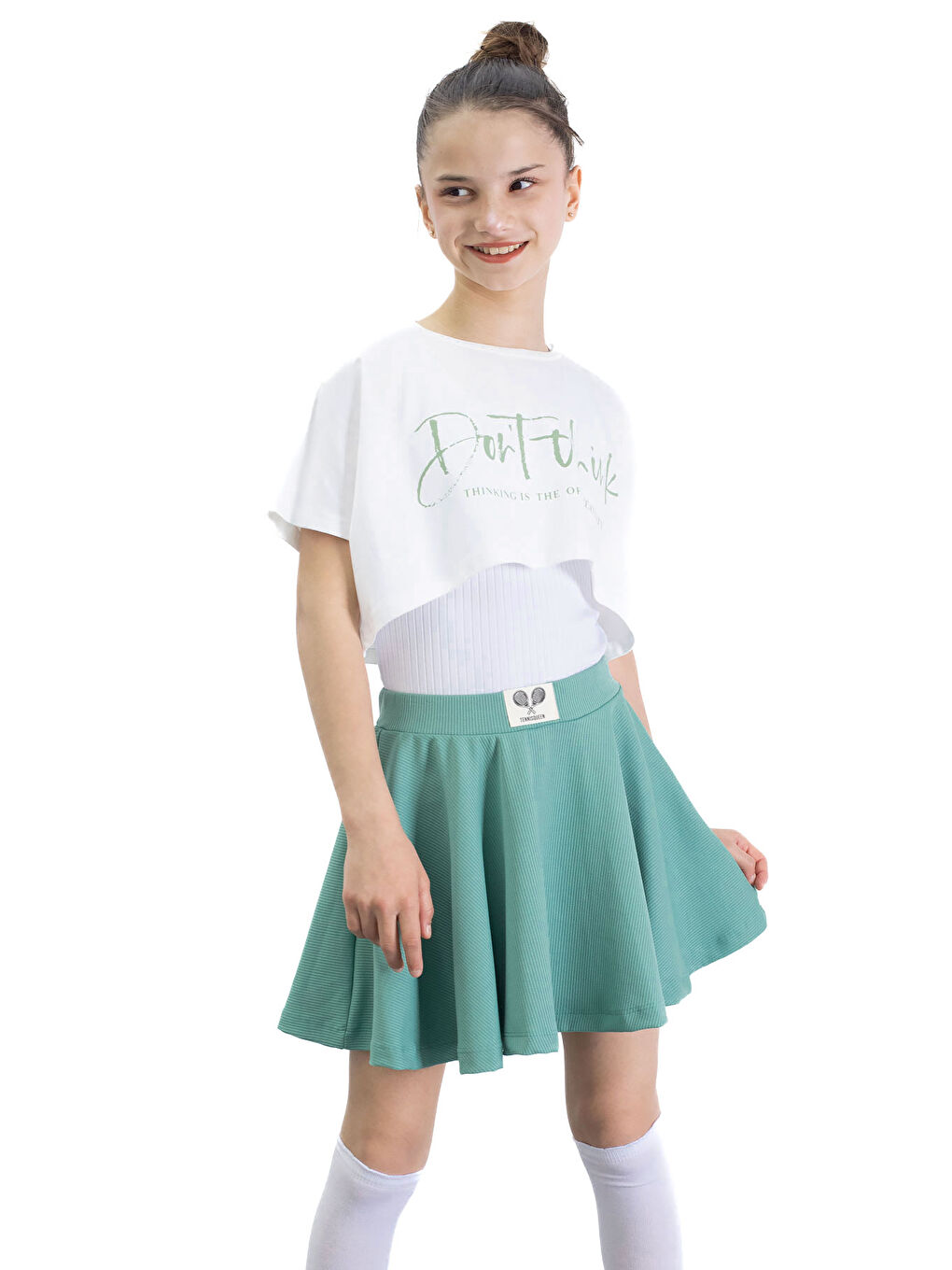 Yeşil Beli Lastikli Fitilli Kız Çocuk Tenis Eteği 21041-2