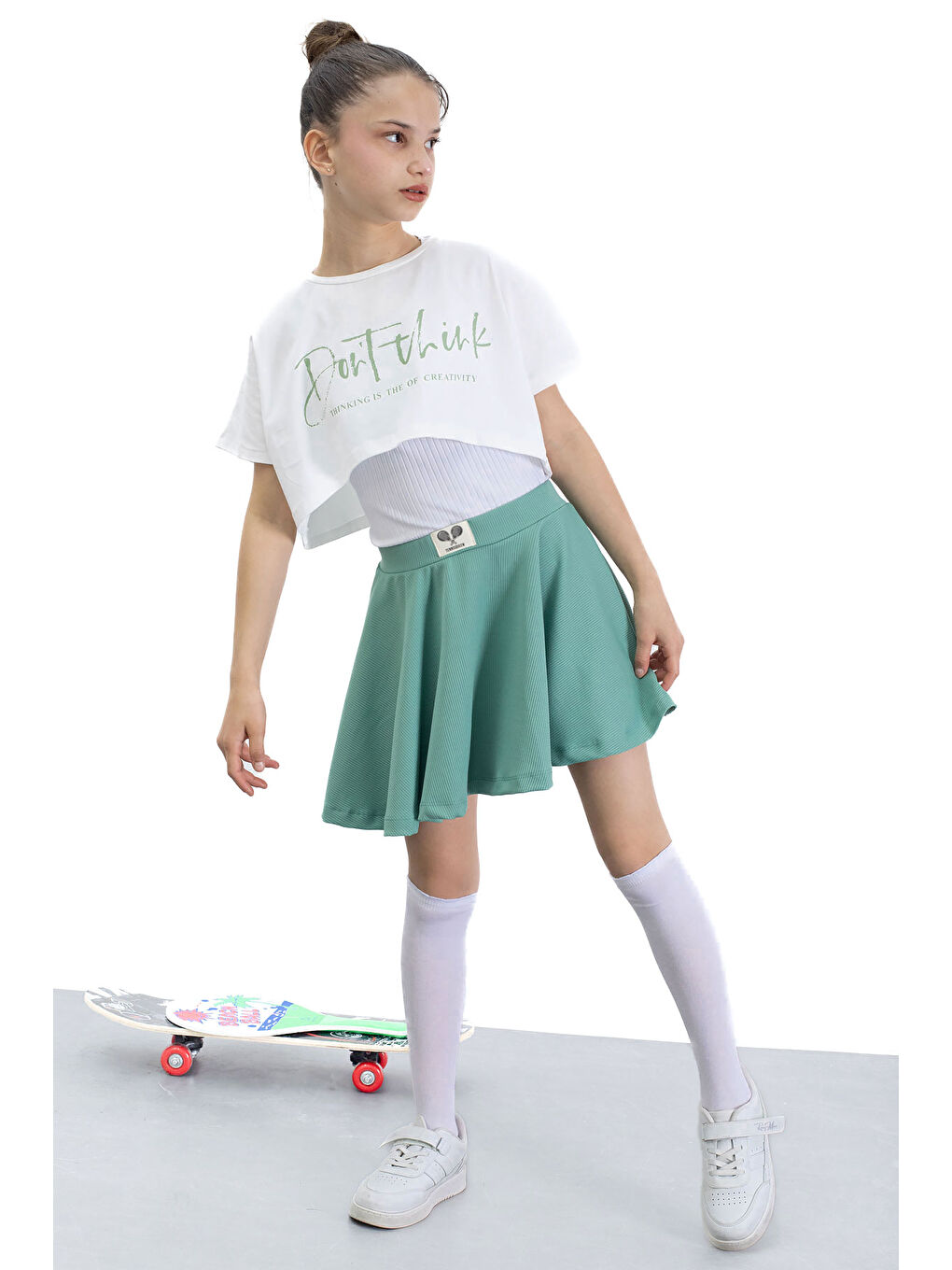 Yeşil Beli Lastikli Fitilli Kız Çocuk Tenis Eteği 21041-3