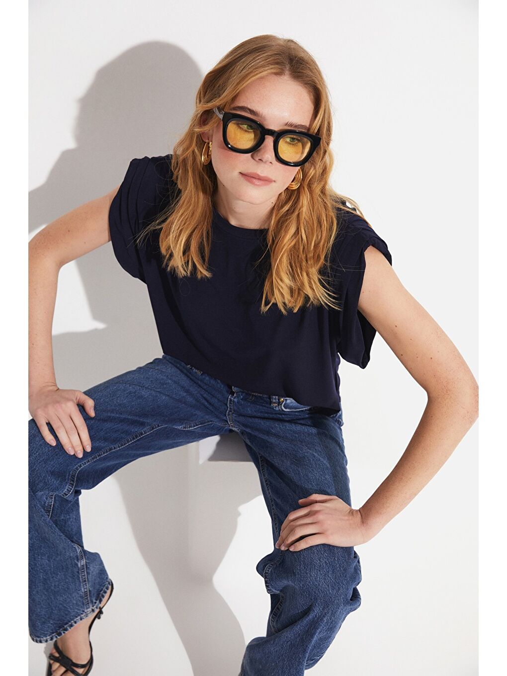 Lacivert Kadın Normal Kalıp Bisiklet Yaka Kol Detaylı Örme Bluz