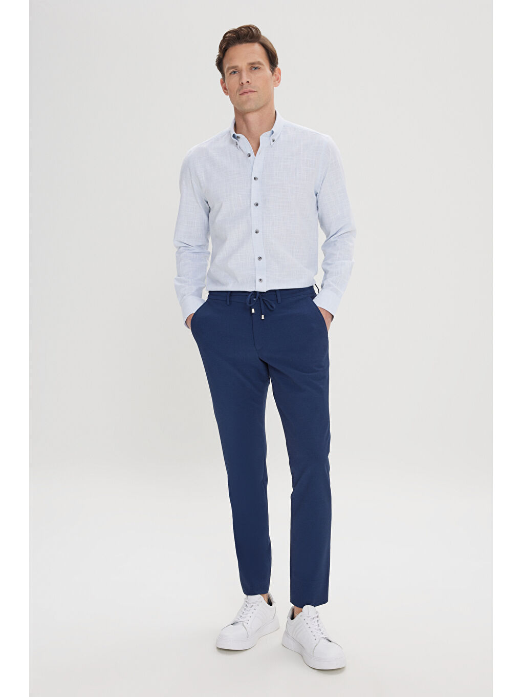 Erkek Lacivert Slim Fit Dar Kesim Beli Bağlamalı Yan Cep Gofre Desenli Pantolon-5