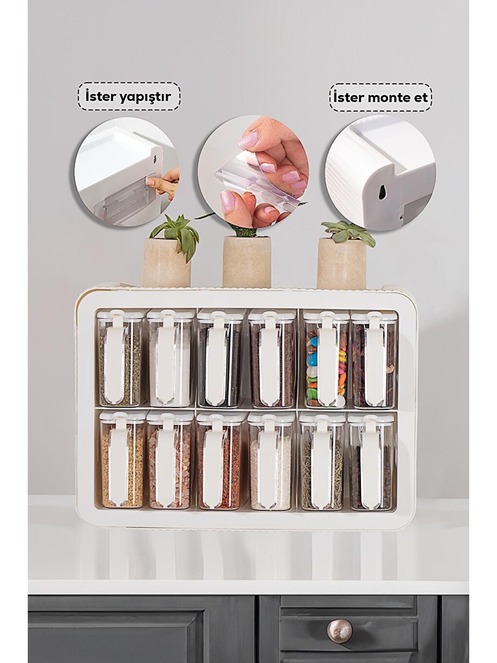2025 12'li Etiketli Standlı Baharatlık Takımı Kendinden Yapışkanlı Kaşıklı Baharatlık Seti - Beyaz-1