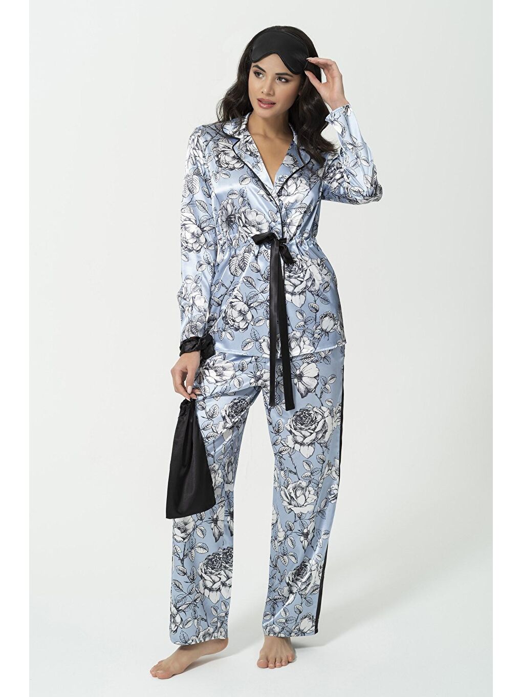 6'lı Saten İçeride ve Dışarda Çiçekli Mavi Takım-2