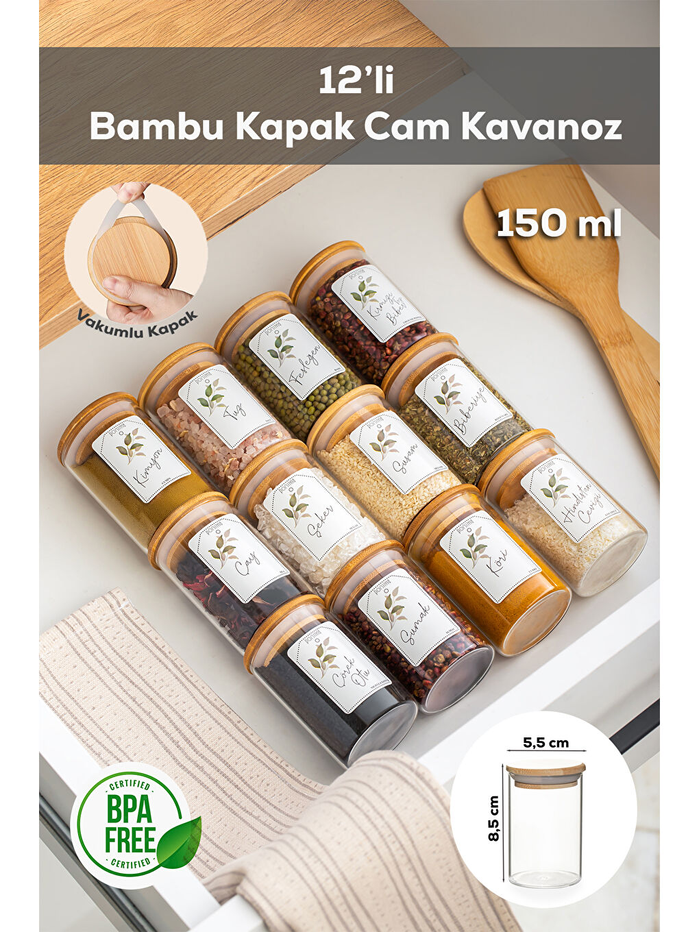 Renksiz 3179 Cam 12 Parça Vakumlu Bambu Kapaklı Baharatlık Seti Takımı, Saklama Kabı Etiketli (150ml)