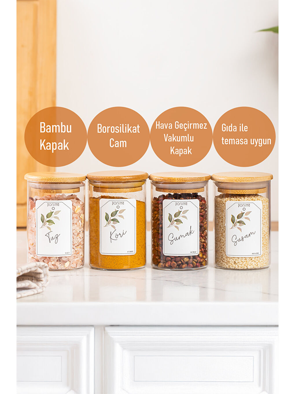 Renksiz 3179 Cam 12 Parça Vakumlu Bambu Kapaklı Baharatlık Seti Takımı, Saklama Kabı Etiketli (150ml)-1