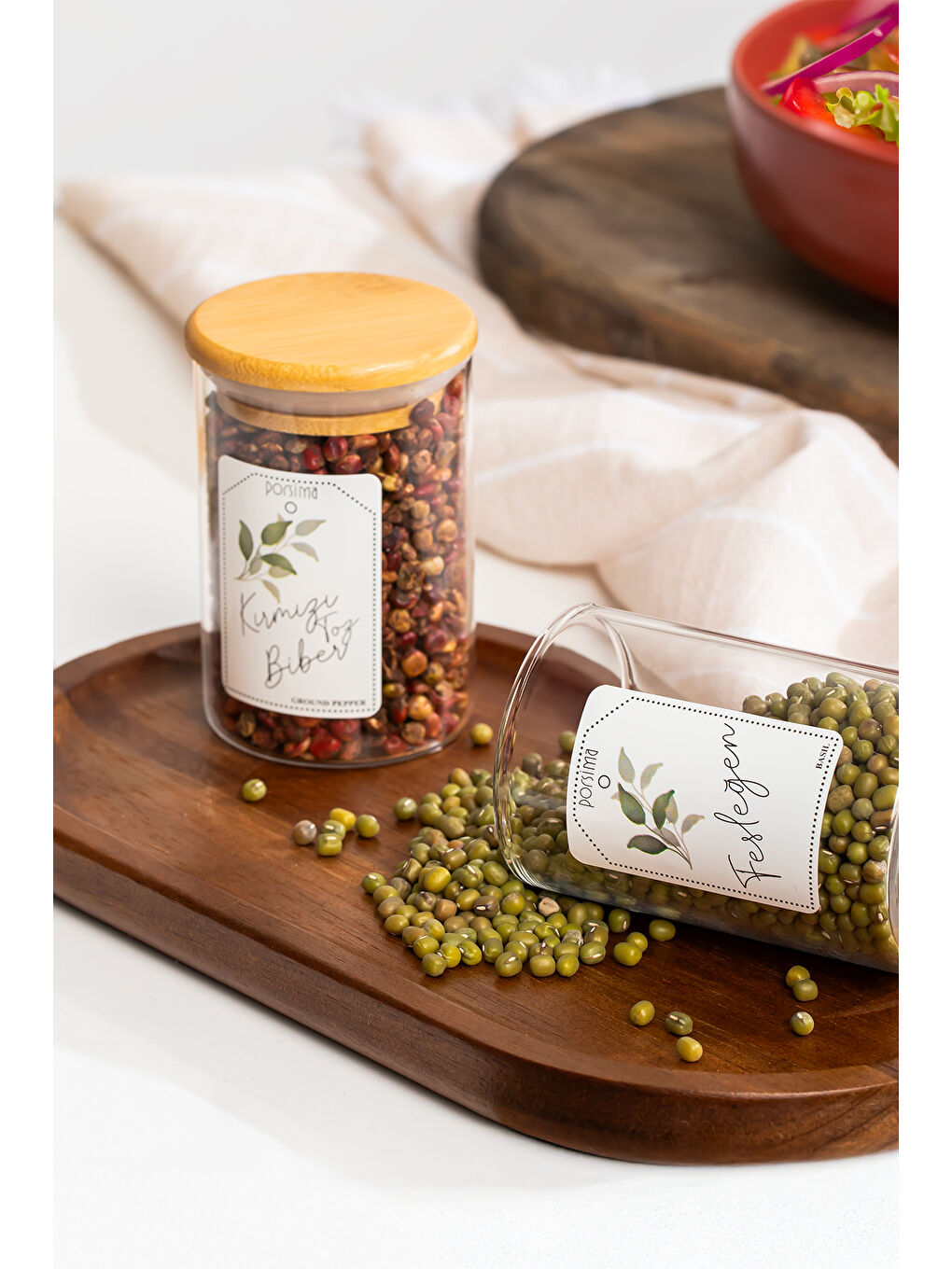 Renksiz 3179 Cam 12 Parça Vakumlu Bambu Kapaklı Baharatlık Seti Takımı, Saklama Kabı Etiketli (150ml)-2