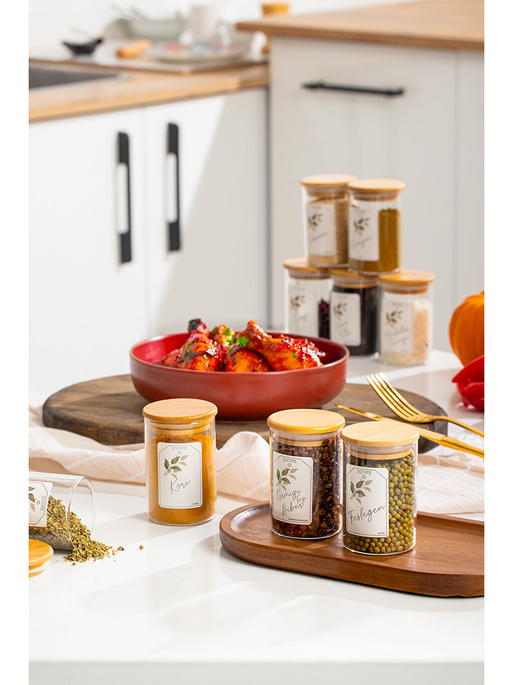 Renksiz 3179 Cam 12 Parça Vakumlu Bambu Kapaklı Baharatlık Seti Takımı, Saklama Kabı Etiketli (150ml)-3