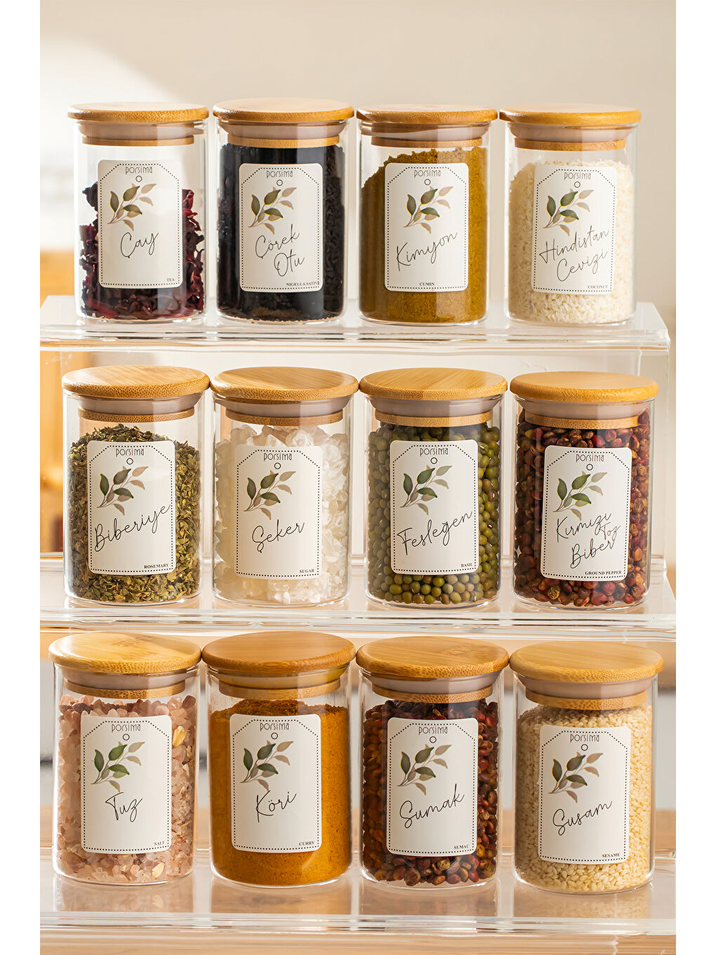 Renksiz 3179 Cam 12 Parça Vakumlu Bambu Kapaklı Baharatlık Seti Takımı, Saklama Kabı Etiketli (150ml)-4