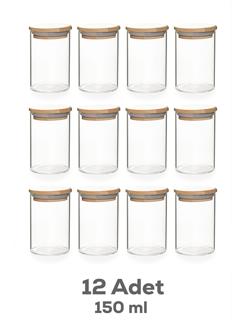 Renksiz 3179 Cam 12 Parça Vakumlu Bambu Kapaklı Baharatlık Seti Takımı, Saklama Kabı Etiketli (150ml)-8