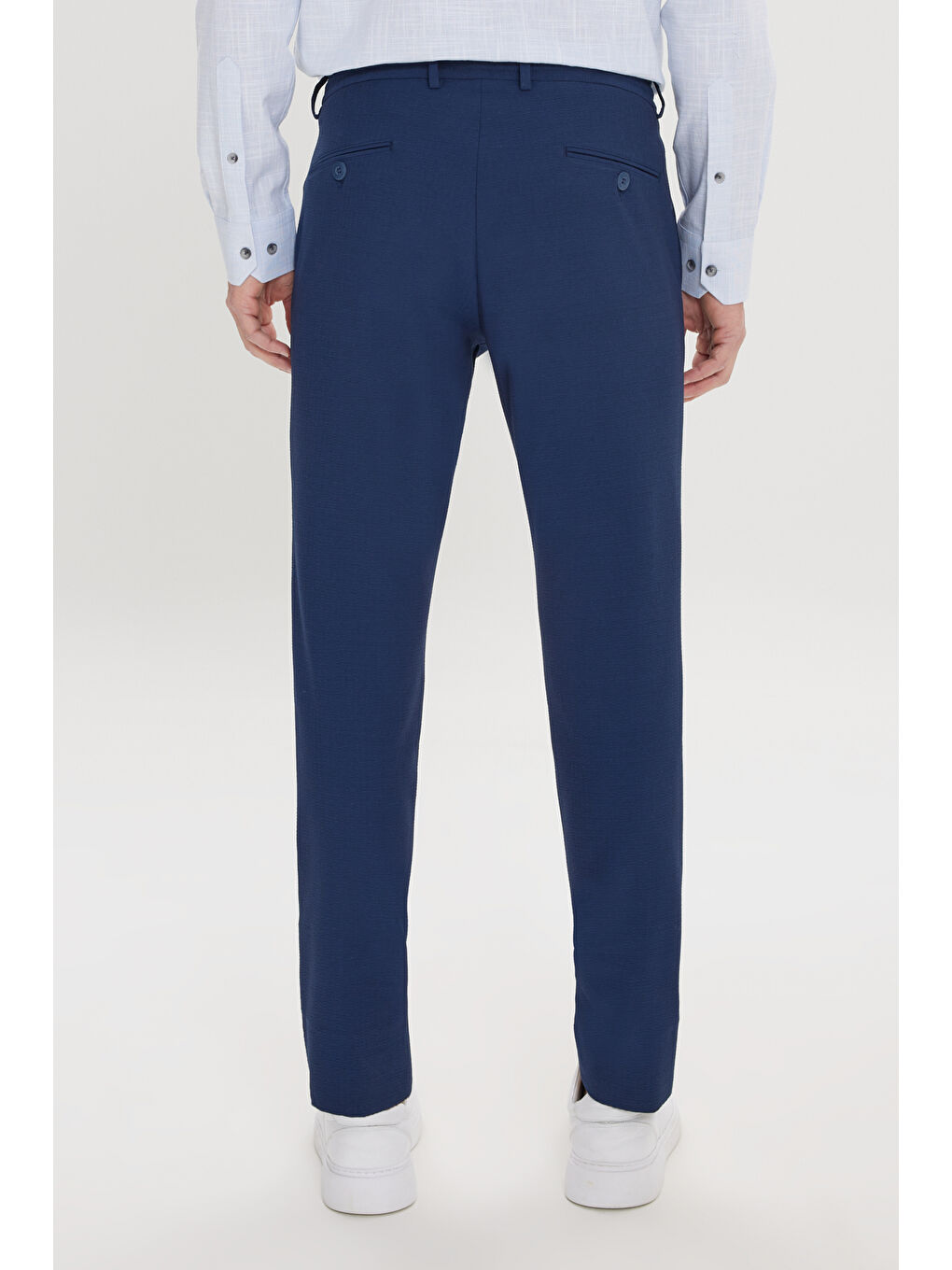 Erkek Lacivert Slim Fit Dar Kesim Beli Bağlamalı Yan Cep Gofre Desenli Pantolon-7