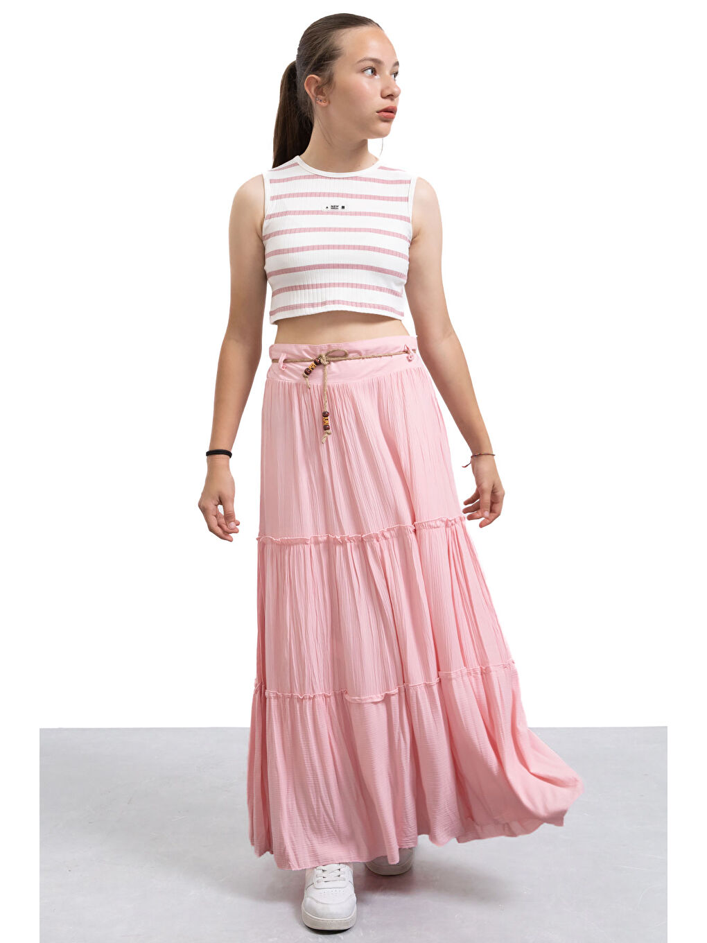 Pembe Hasır Kemerli Uzun Kesim Kırışmalı Kız Çocuk Etek 21130