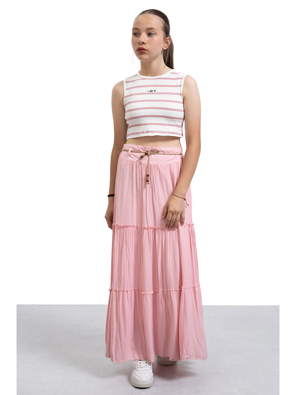 Pembe Hasır Kemerli Uzun Kesim Kırışmalı Kız Çocuk Etek 21130-1