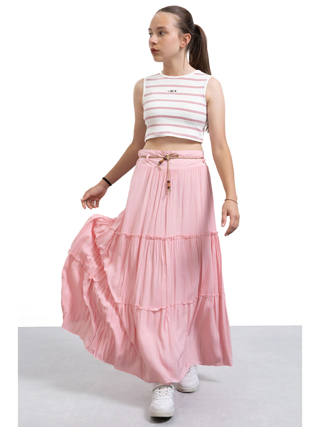 Pembe Hasır Kemerli Uzun Kesim Kırışmalı Kız Çocuk Etek 21130-2