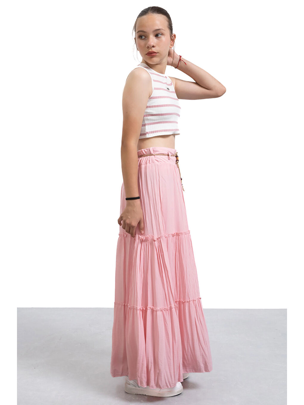 Pembe Hasır Kemerli Uzun Kesim Kırışmalı Kız Çocuk Etek 21130-3