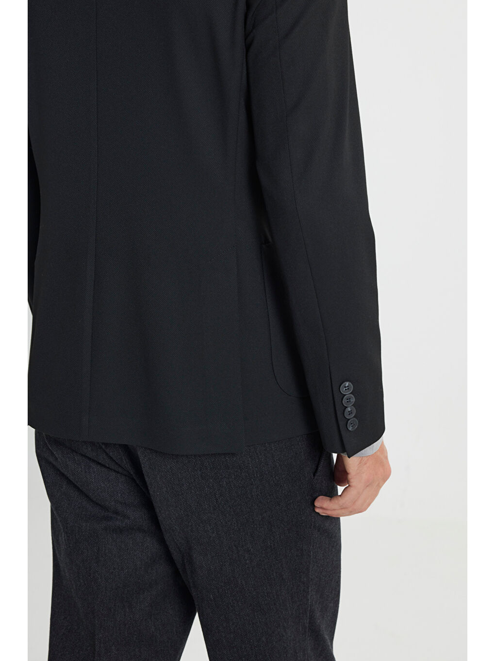 Erkek Siyah Slim Fit Dar Kesim Mono Yaka Beli Bağlamalı Diagonal Desenli Torba Cepli Takım Elbise-5