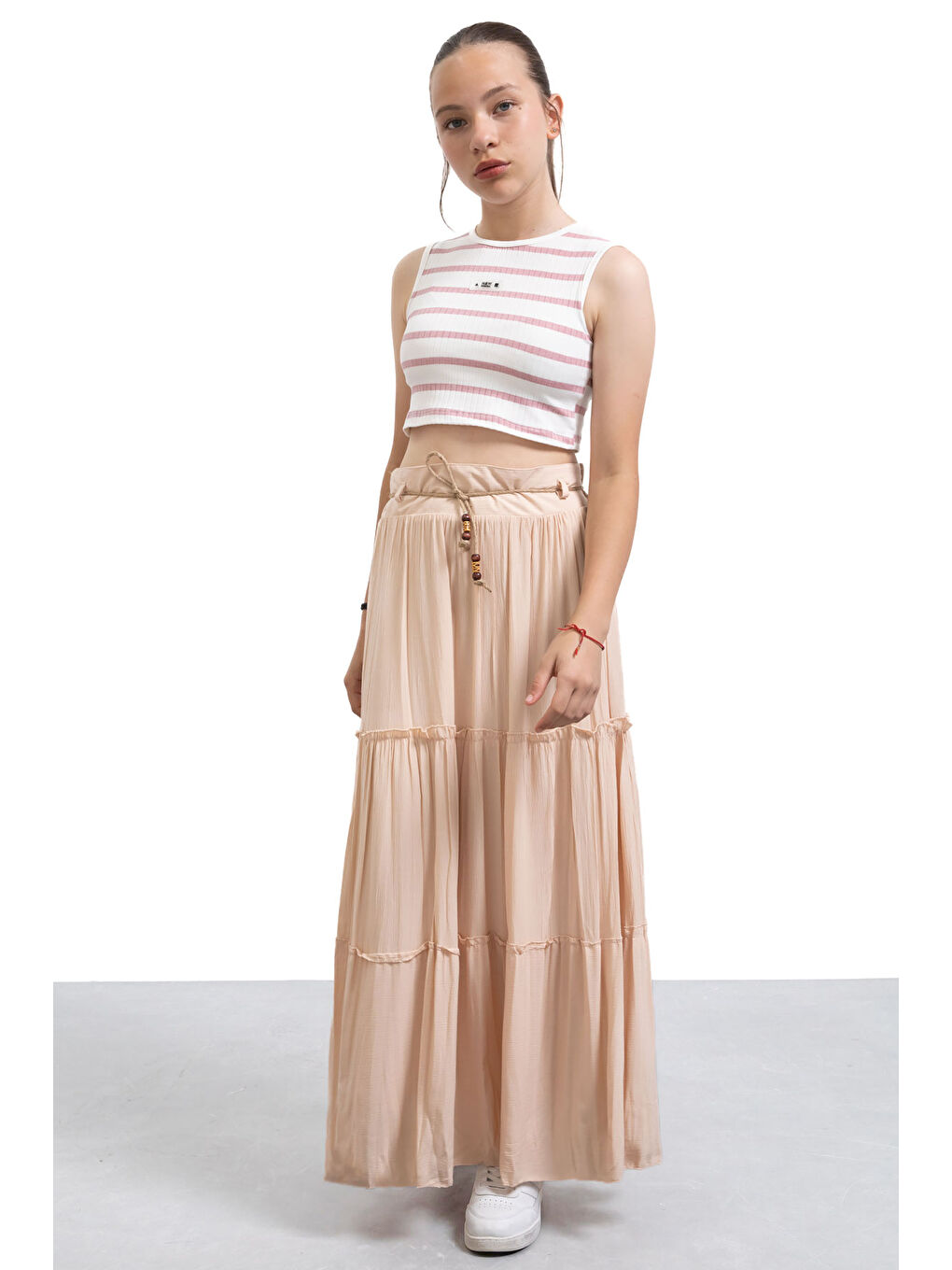 Bej Hasır Kemerli Uzun Kesim Kırışmalı Kız Çocuk Etek 21129