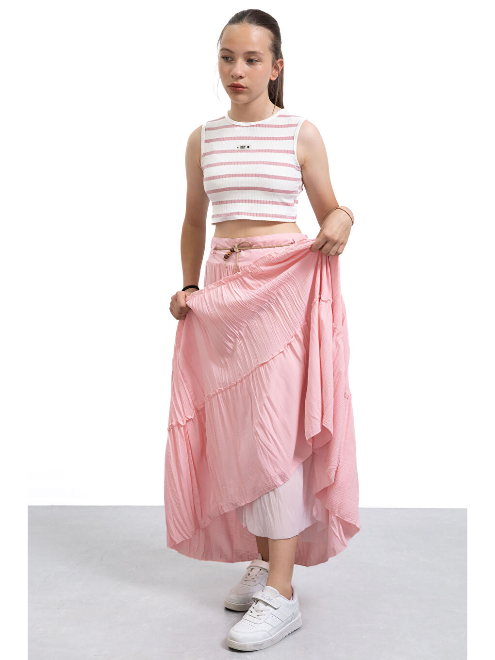 Pembe Hasır Kemerli Uzun Kesim Kırışmalı Kız Çocuk Etek 21130-4
