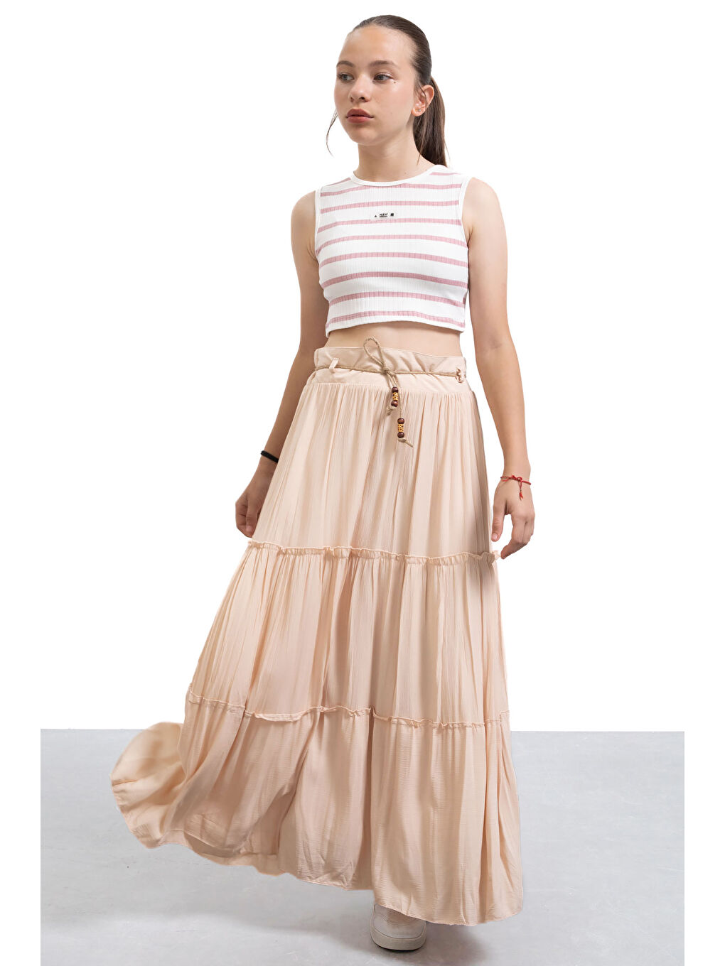 Bej Hasır Kemerli Uzun Kesim Kırışmalı Kız Çocuk Etek 21129-1