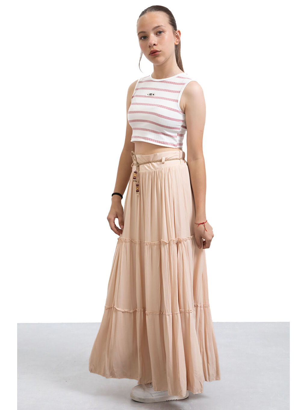 Bej Hasır Kemerli Uzun Kesim Kırışmalı Kız Çocuk Etek 21129-2