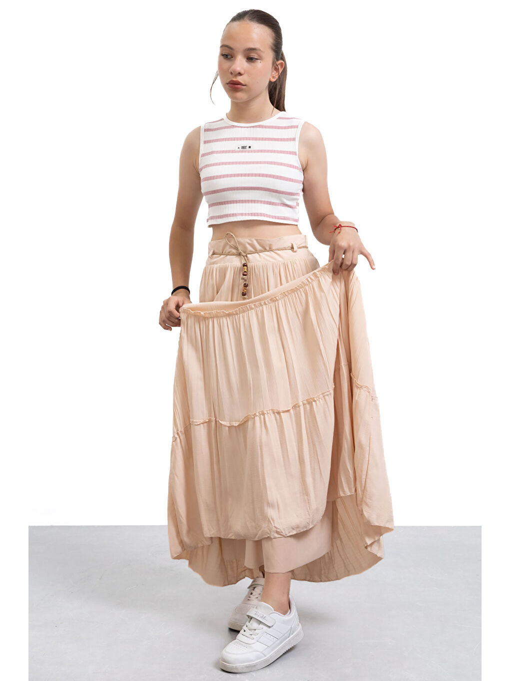 Bej Hasır Kemerli Uzun Kesim Kırışmalı Kız Çocuk Etek 21129-3