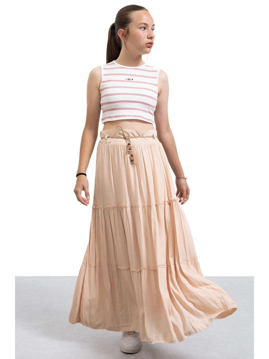 Bej Hasır Kemerli Uzun Kesim Kırışmalı Kız Çocuk Etek 21129-4