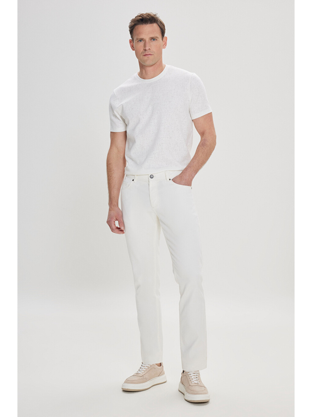 Erkek Beyaz Slim Fit Dar Kesim 5 Cep Armürlü Esnek Pantolon-1