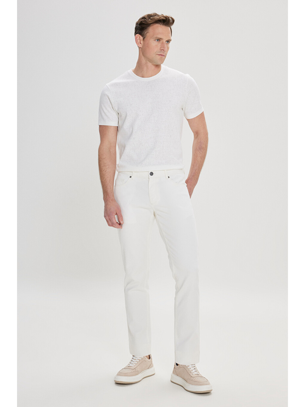 Erkek Beyaz Slim Fit Dar Kesim 5 Cep Armürlü Esnek Pantolon-2