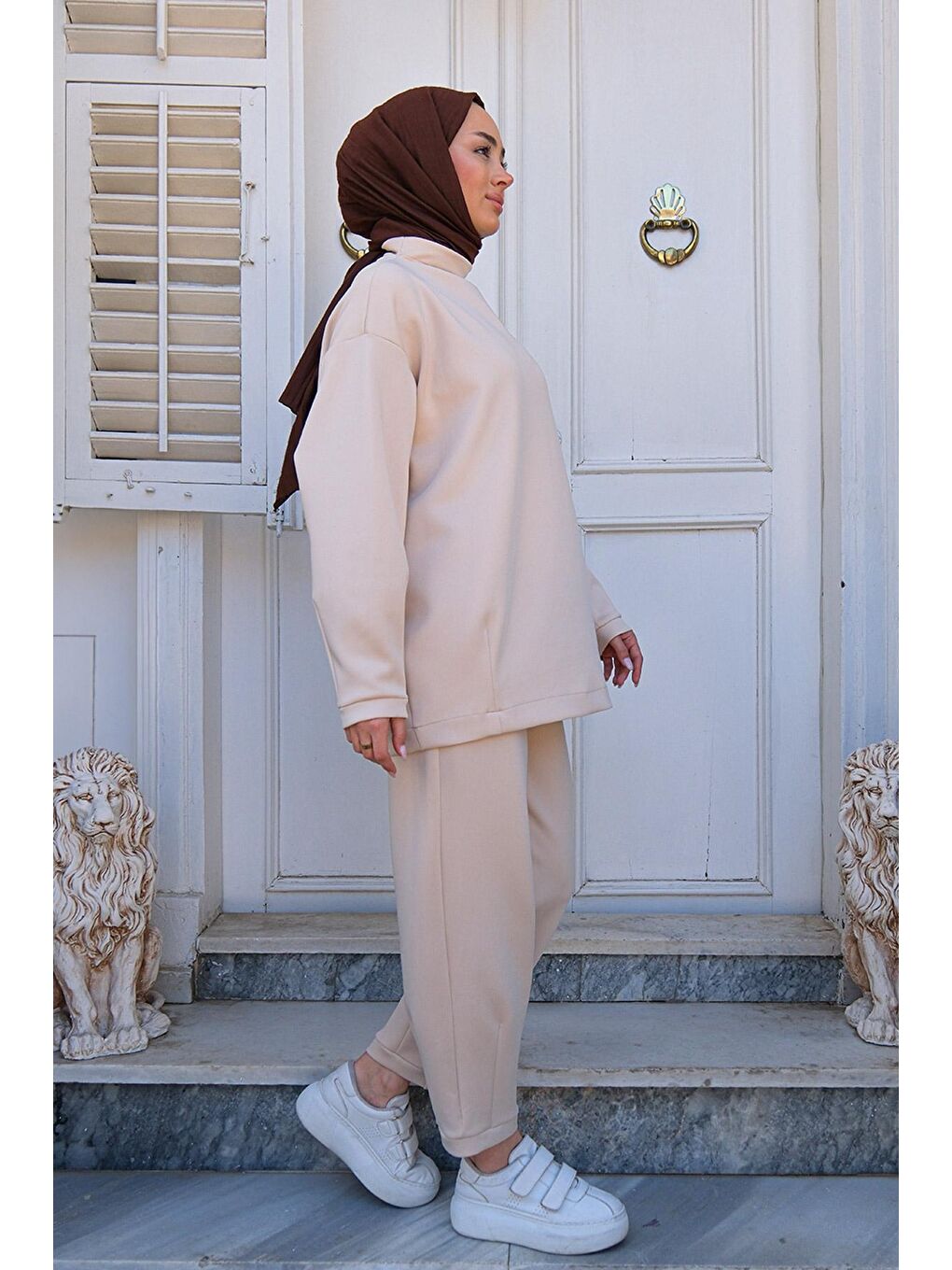 Ekru Kadın Balıkçı Yaka Jogger Takım Krem-4