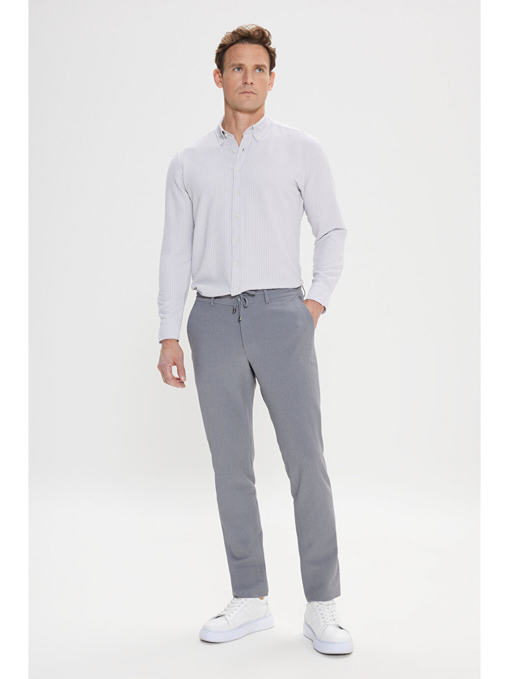 Erkek Gri Slim Fit Dar Kesim Beli Bağlamalı Yan Cep Gofre Desenli Pantolon-5