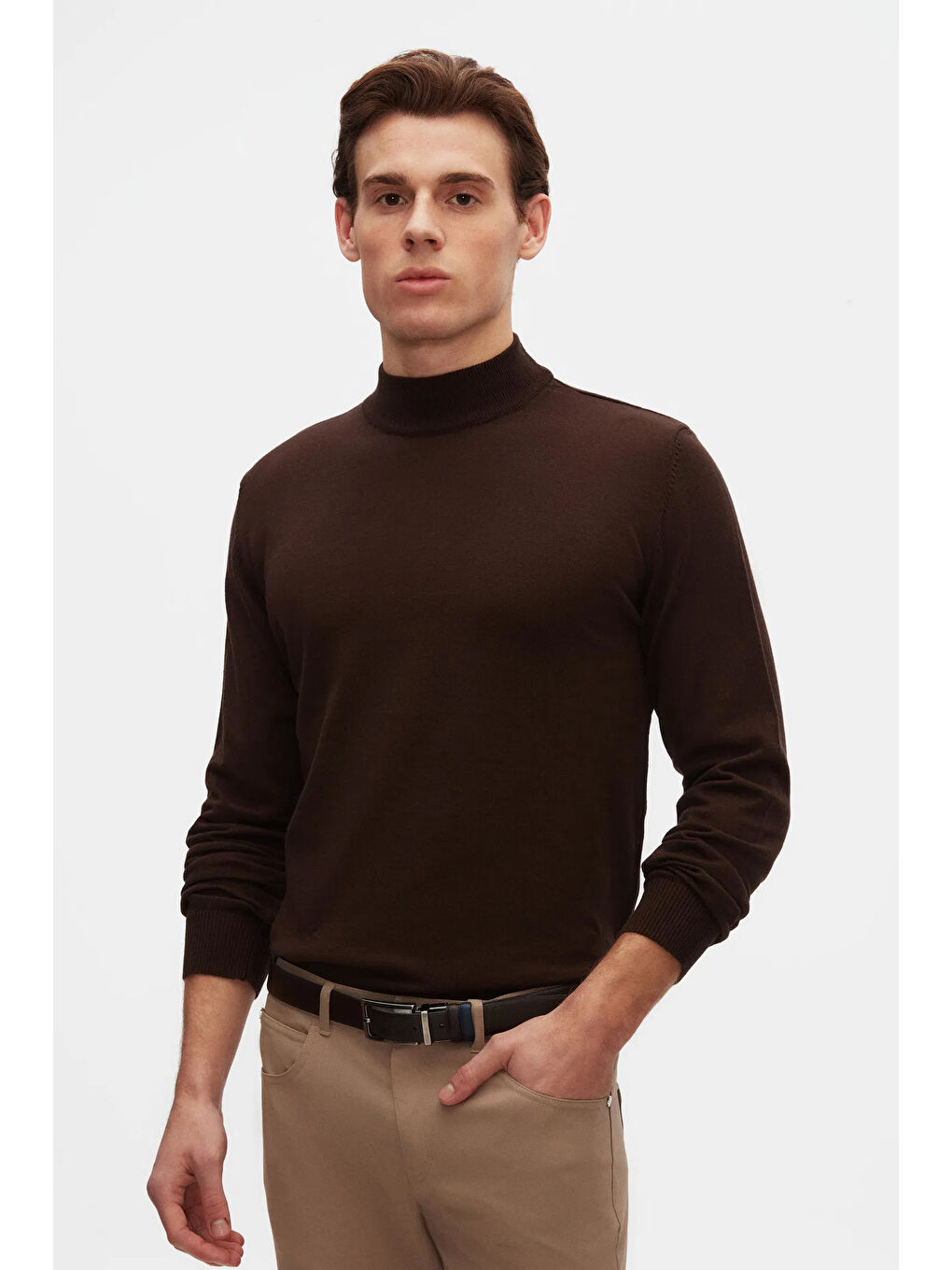 Regular Fit Kahverengi Pamuk Karışımlı Yarım Balıkçı Triko Kazak-1