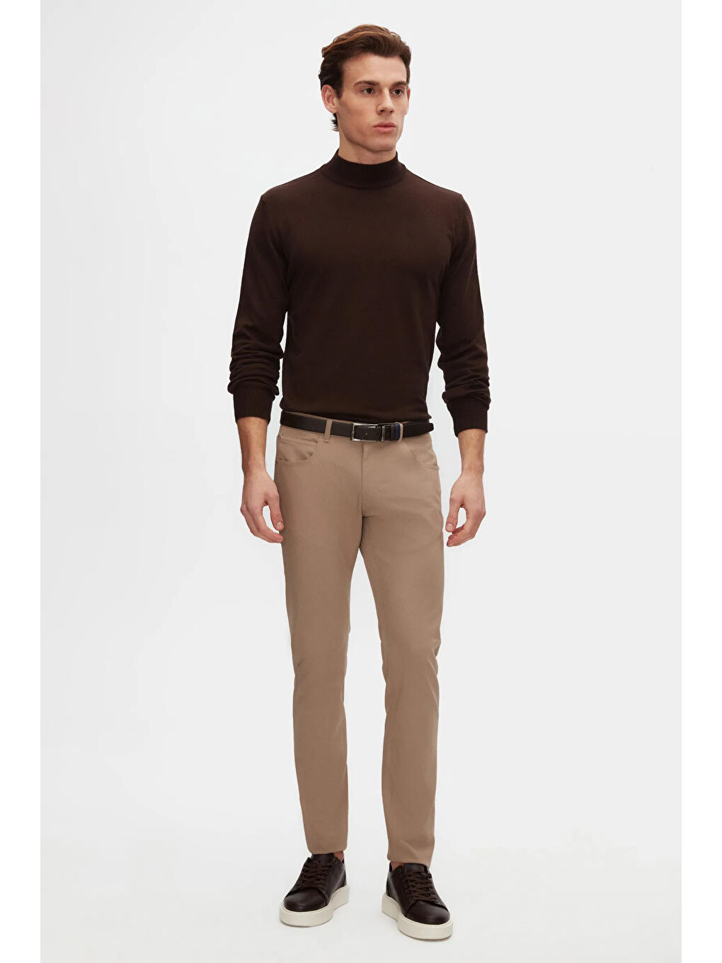 Regular Fit Kahverengi Pamuk Karışımlı Yarım Balıkçı Triko Kazak-3