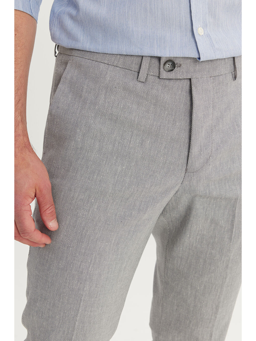 Erkek Gri Pamuklu Slim Fit Dar Kesim Yan Cepli Diagonal Desenli Casual Pantolon-4