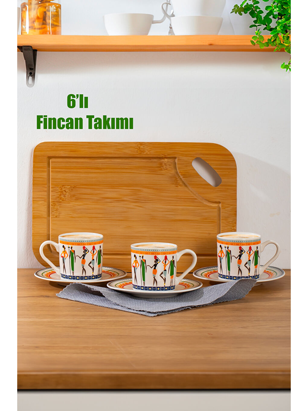 Beyaz TE-215 Hathor Fincan Takımı - Desenli Porselen Türk Kahvesi Fincan Takımı - 6 Kişilik 90 cc