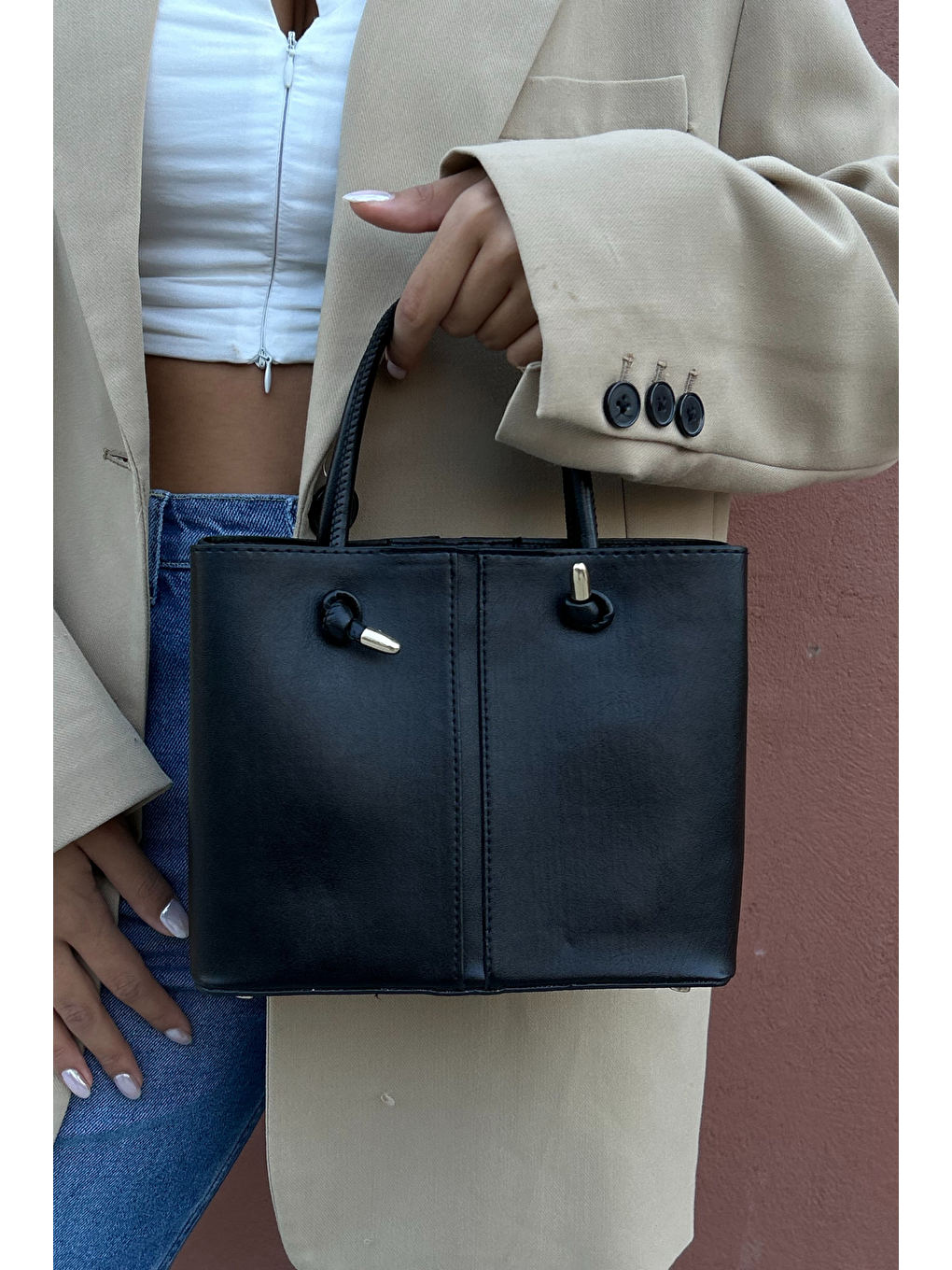 Siyah Düğüm Detaylı City Kadın Çantası-2