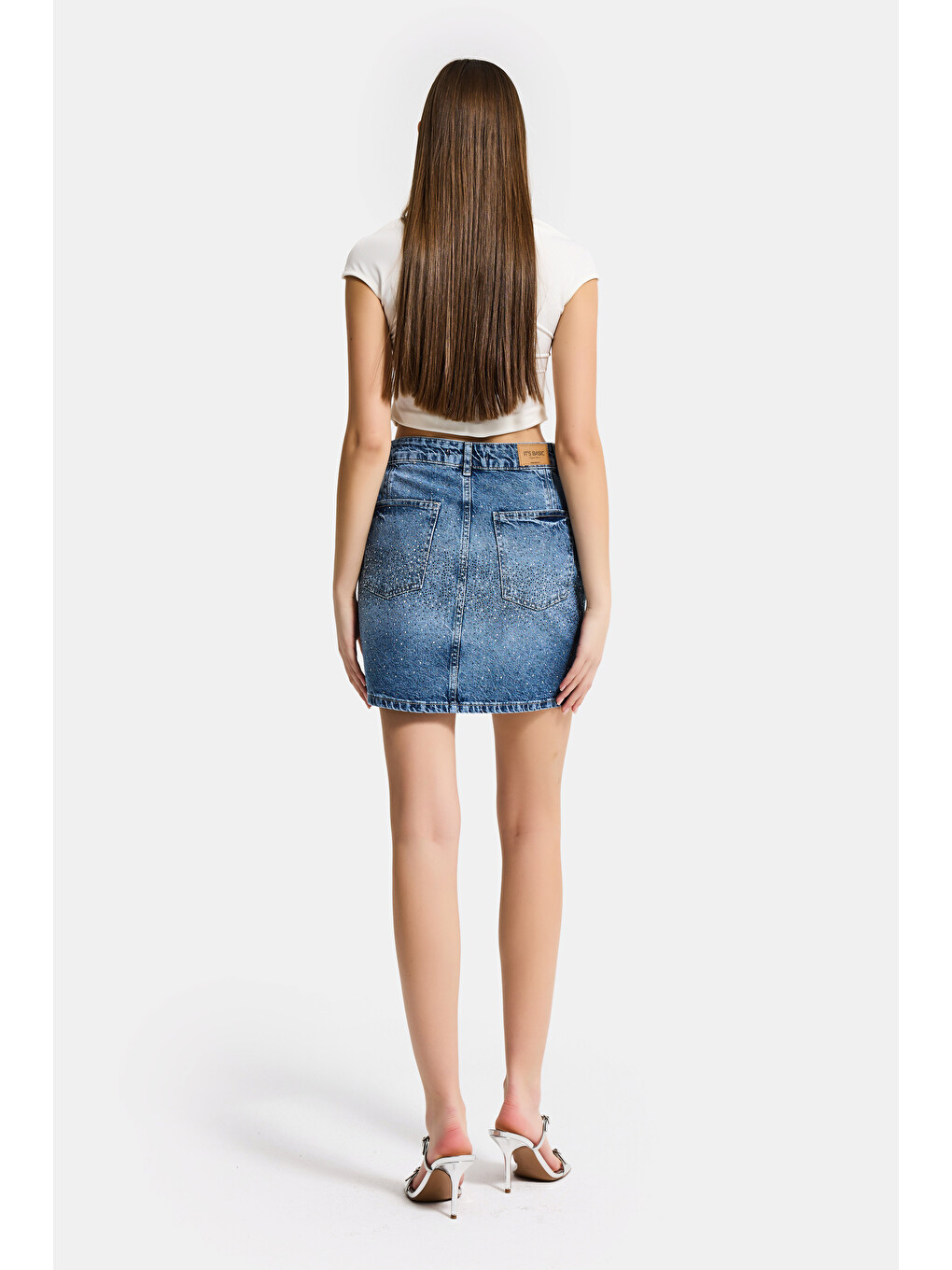Kadın Mavi T2-4s6-4 Straight Fit Parlak Taşlı Özel Tasarım Mini Denim Etek-1