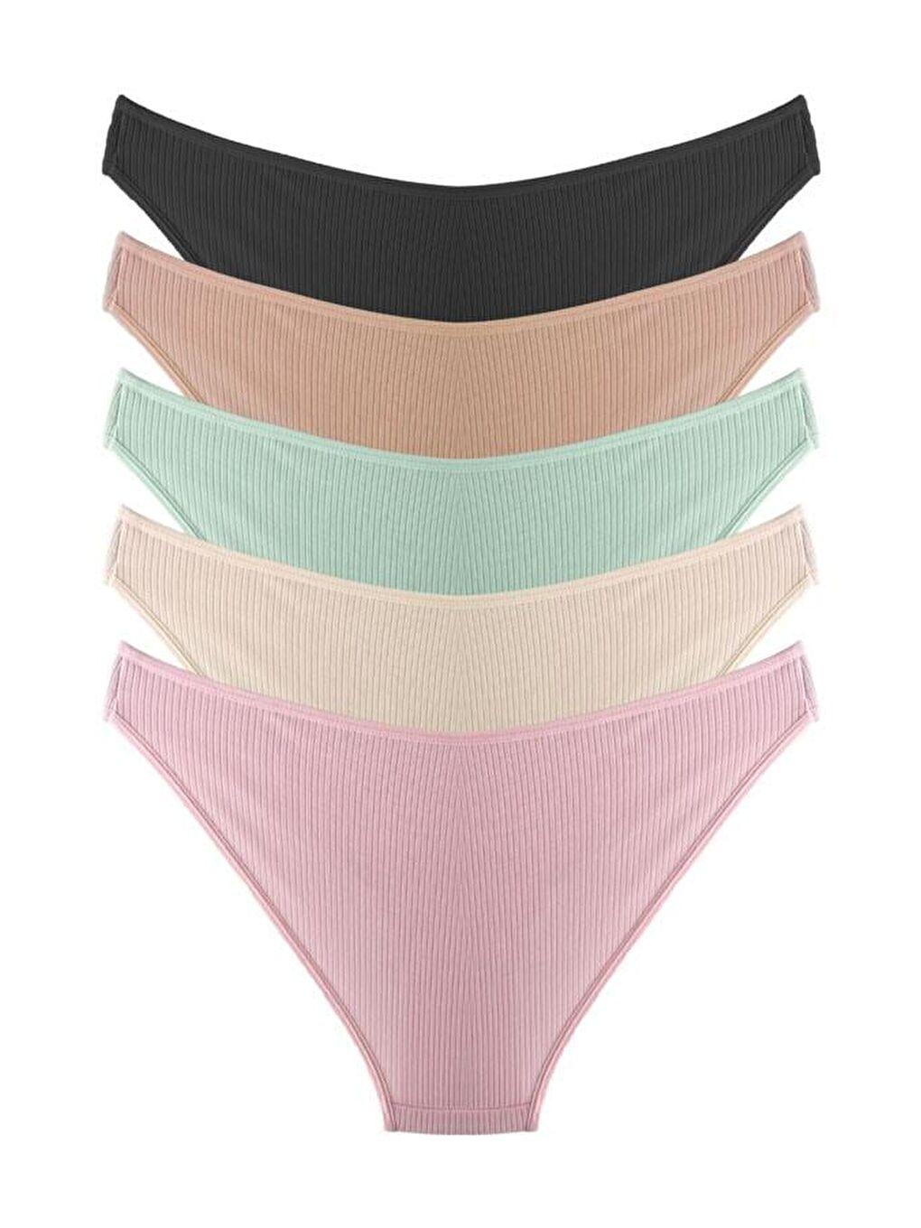 Karışık Kadın Pamuklu Ve Elastanlı Fitilli Kaşkorse Bikini Külot 5'Li Paket-4